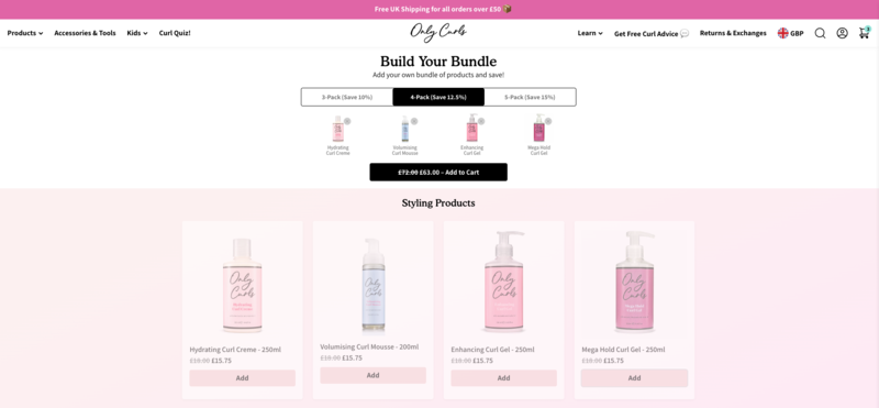 Only Curls build your bundle page