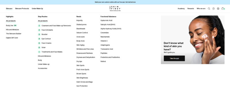 Skin First's navigation menu